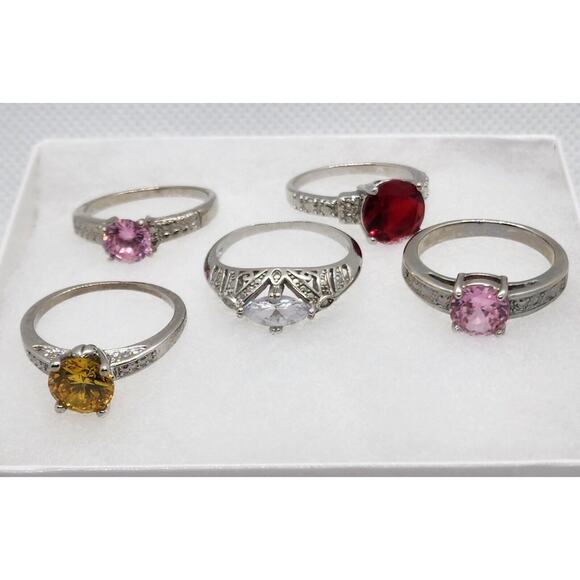 RINGS-DIAMOND CANDLE RINGS-Lot of 5-Size 9-Different "Stones"-Silver Tone - Picture 3 of 16